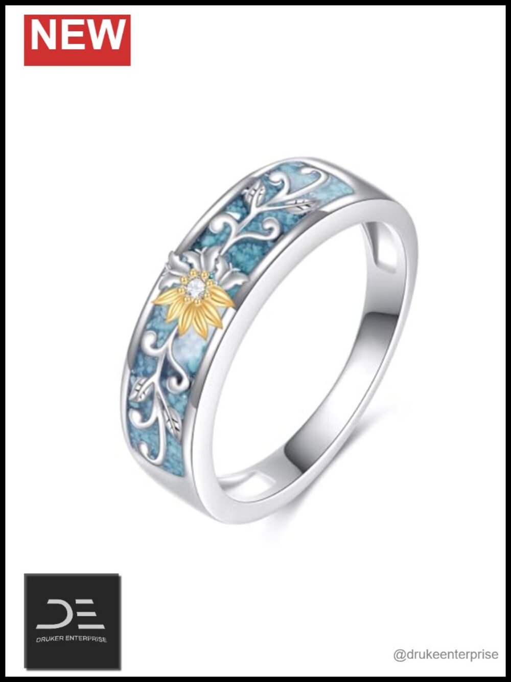 925 Sterling Silver Sunflower Band Ring Created Turquoise Hypoallergenic